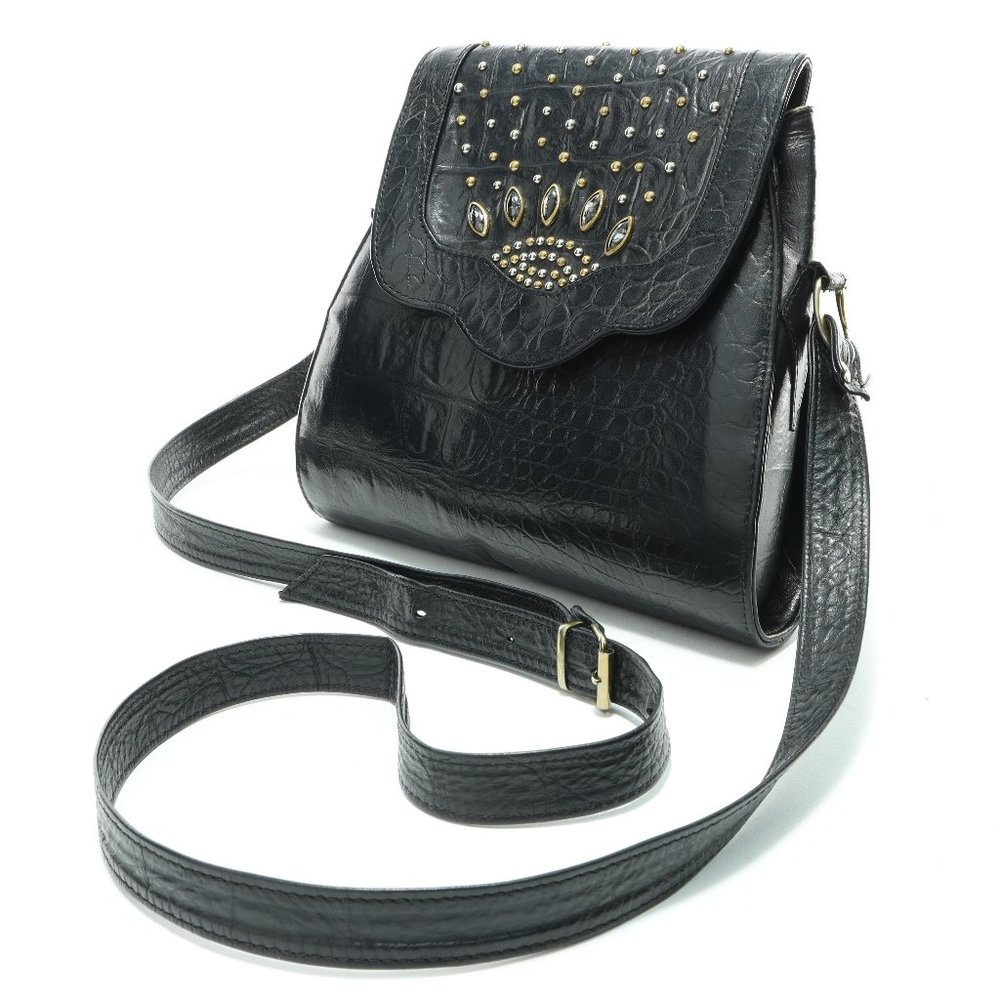 Pierre Mishael VINTAGE Croc Embossed Leather Gold & Silver Studs Crossbody Bag
